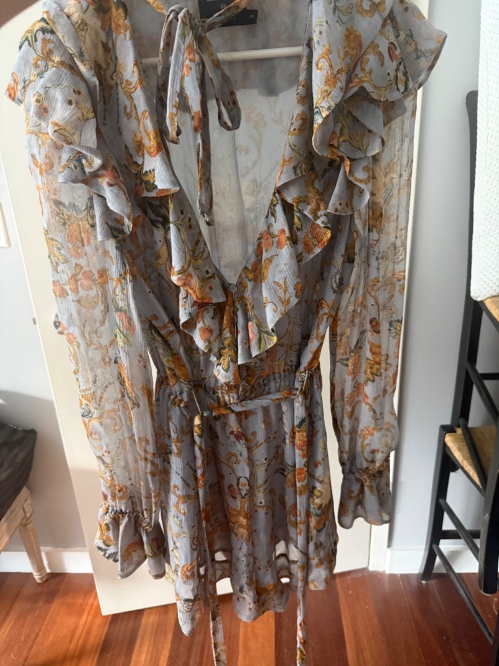 Zimmermann Blue Floral Printed Crinkled Chiffon Ruffled Drawstring Dress Size 3 - Picture 2 of 5
